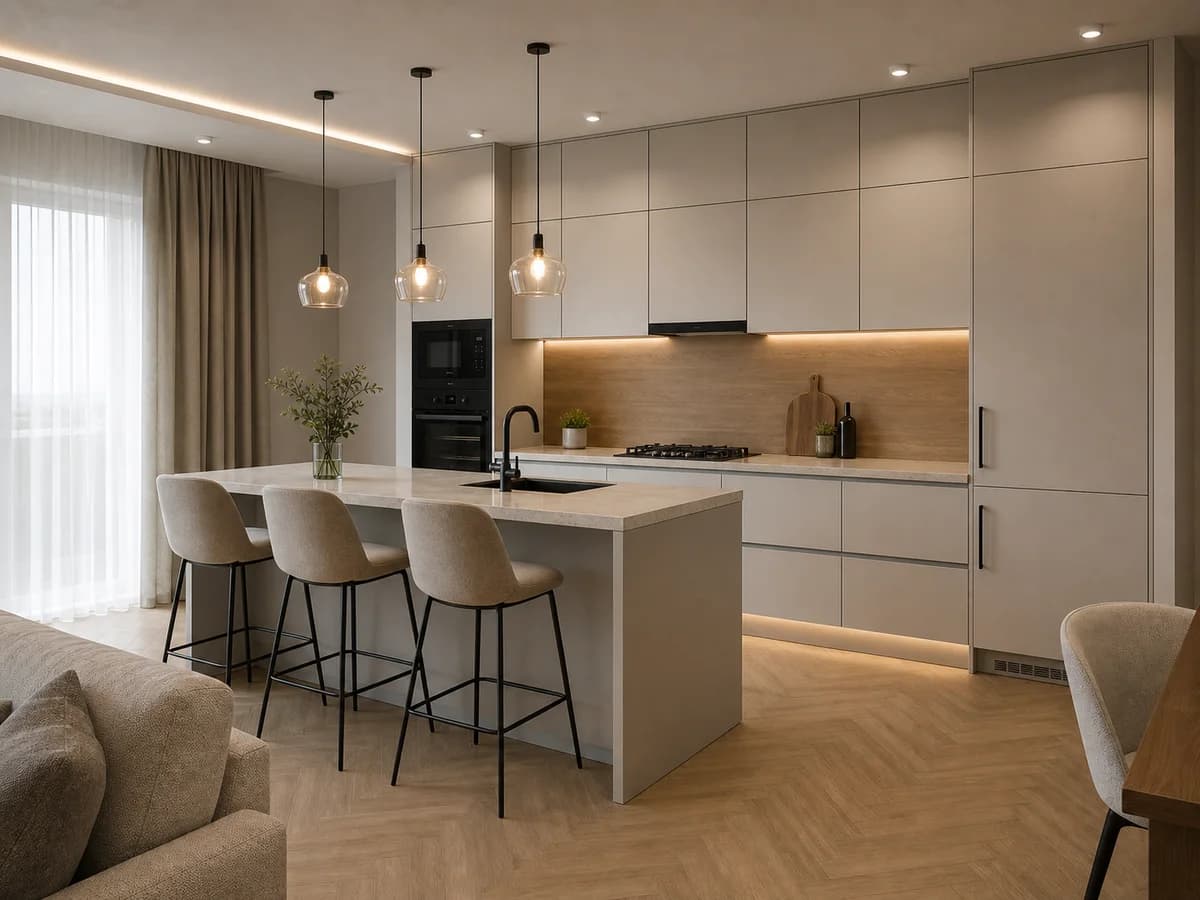 3D-визуализация кухни с островом, вид на рабочую зону слева