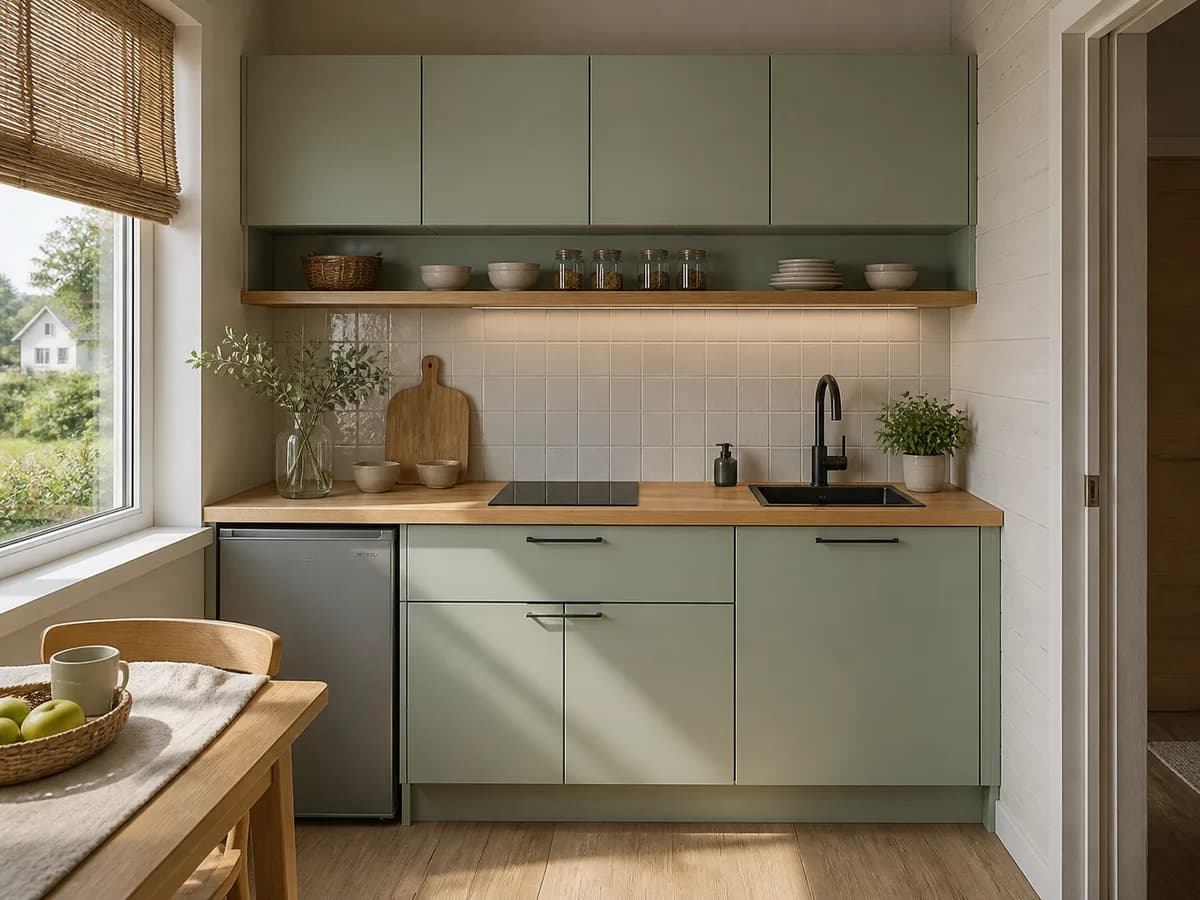 3D-визуализация КухниBY: Компактная кухня для дачи 3D-визуализация КухниBY: компактная дачная кухня для Мяделя в Мяделе